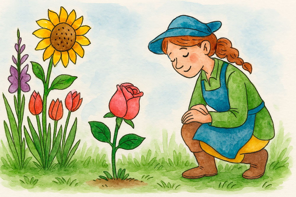 Die kleine Rose Marie – eine Geschichte über Vergänglichkeit und Sein | Sei eine Blume Illustration einer kleinen Rose und der Gärtnerin Greta – eine Geschichte über Werden, Vergehen und das stille Sein | Blogbeitrag auf seieineblume.de