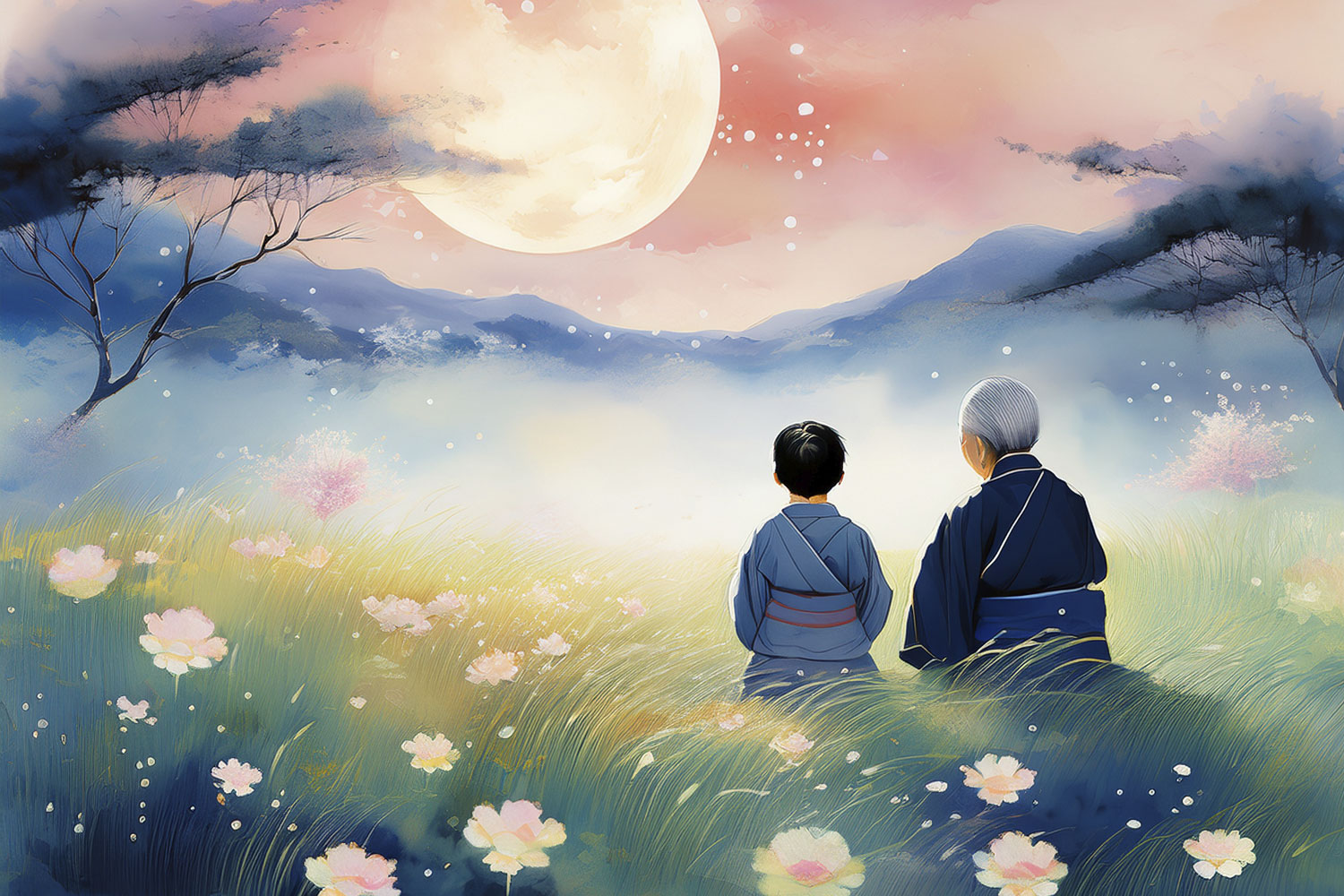 Wenn der Mond in den Tautropfen fällt – Inspiration für stilles Staunen | Sei eine Blume Großmutter und Kind unter dem Mond – Symbol für stilles Staunen und die Kunst, den Moment zu erleben | Blogbeitrag auf seieineblume.de