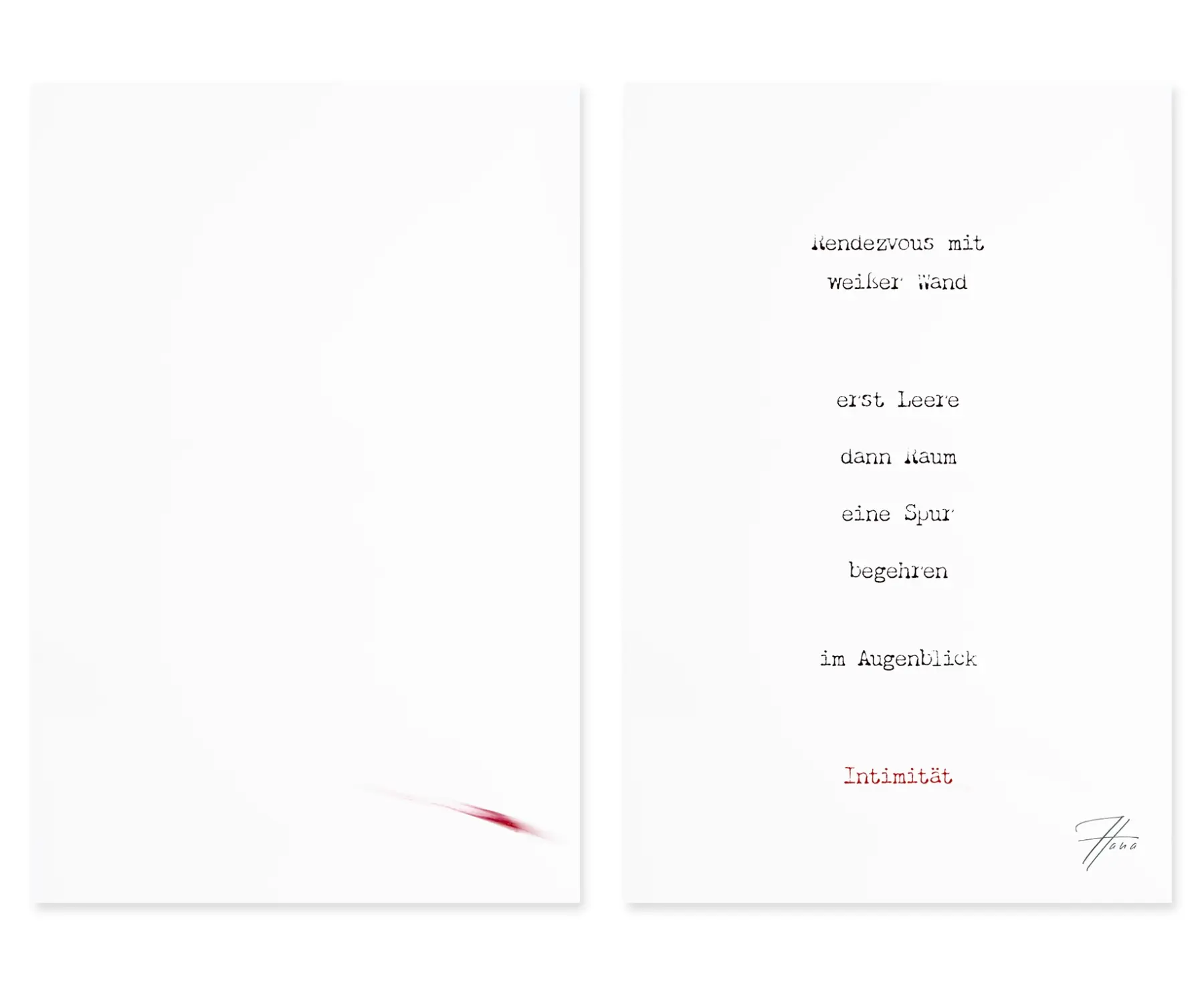 Diptychon Intimität mit roter Spur und poetischem Text von HanaART – FineART-Fotografie mit Schreibmaschinenschrift