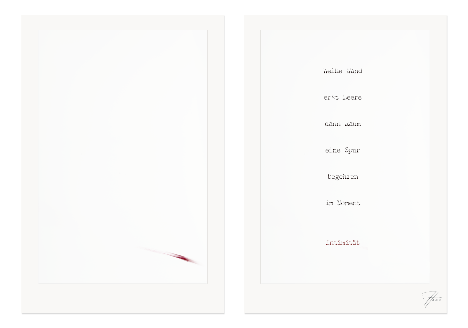 Diptychon Intimität mit roter Spur und poetischem Text von HanaART – FineART-Fotografie mit Schreibmaschinenschrift